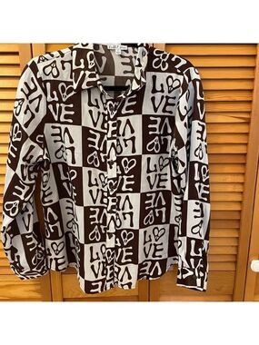 Rabbit Rose Shirt, Size L, Brown Checkered Print, LOVE Written All Over.